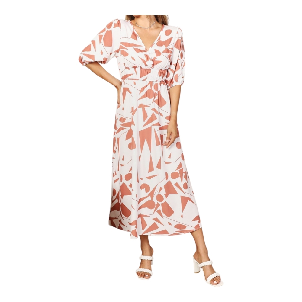 Chic & Flowy: Size XL Surplice Balloon Sleeve Dress with Bold Print (NEW)